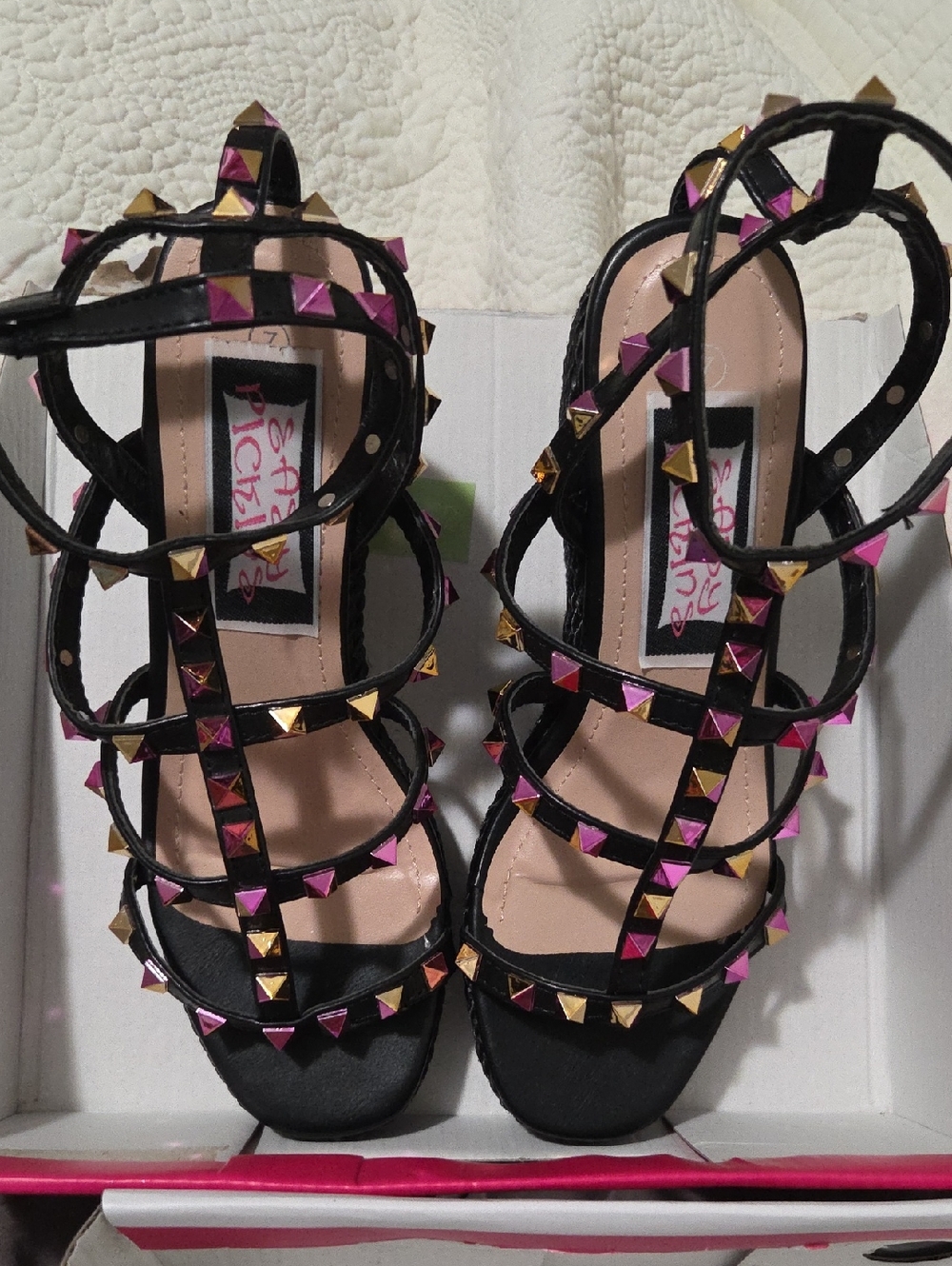 NIB Tally Black And Pink Studded Wedge Sandals size 7